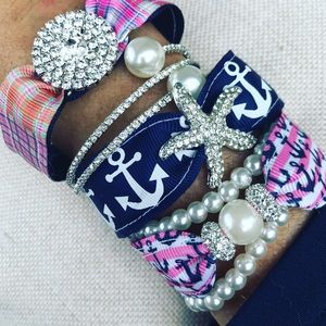 Preppy Anchors and Madras Rhinestone Bracelet Set